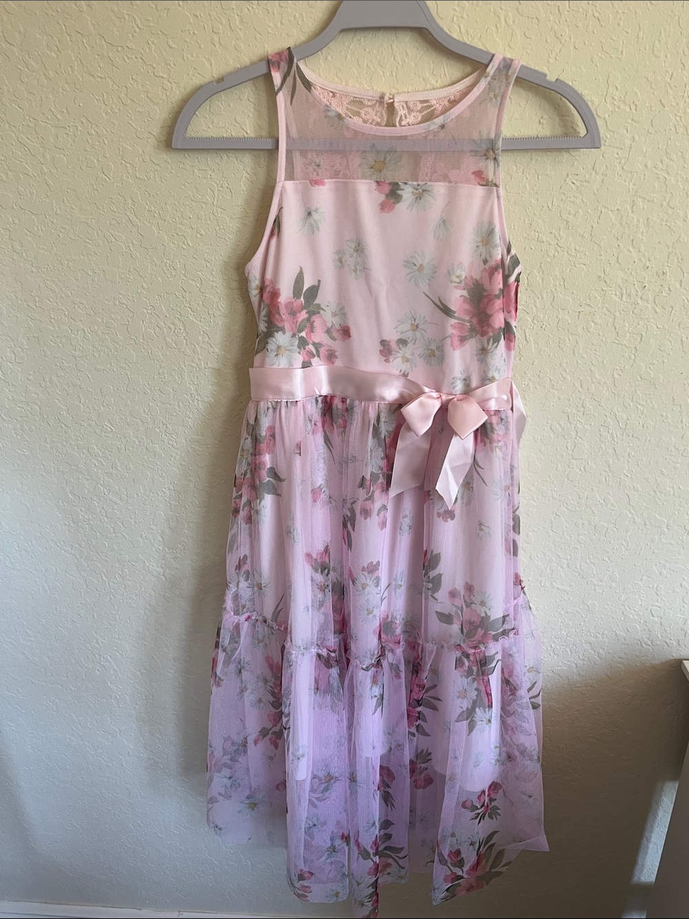 Zunie Girls' Pink Floral Mesh Party Dress with Satin Bow